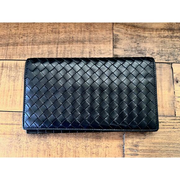 Bottega Veneta Other - BOTTEGA VENETA Authentic Leather Long Wallet Intrecciato With Coin Black